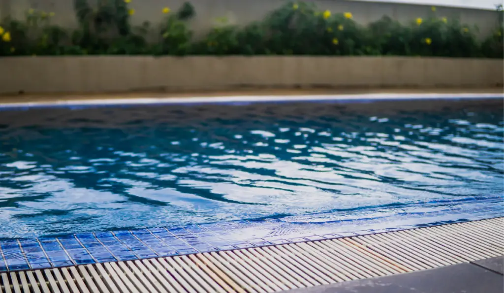 An empty swimming pool with sunlight reflected on the water 