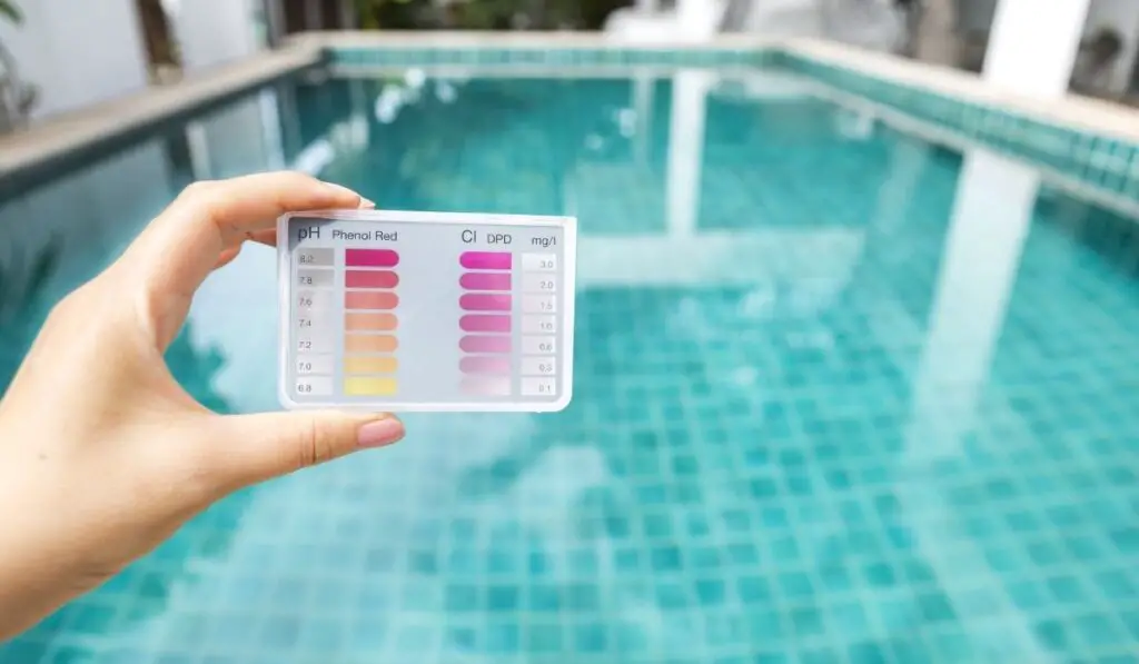 Swimming pool water tester in girl hand over blurred pool background