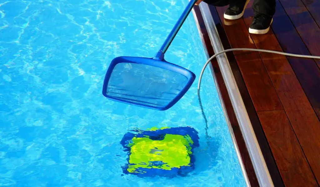 Hotel staff worker cleaning the pool 