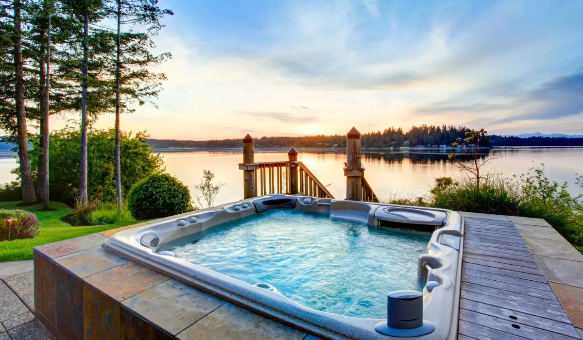 Awesome water view with hot tub in summer evening