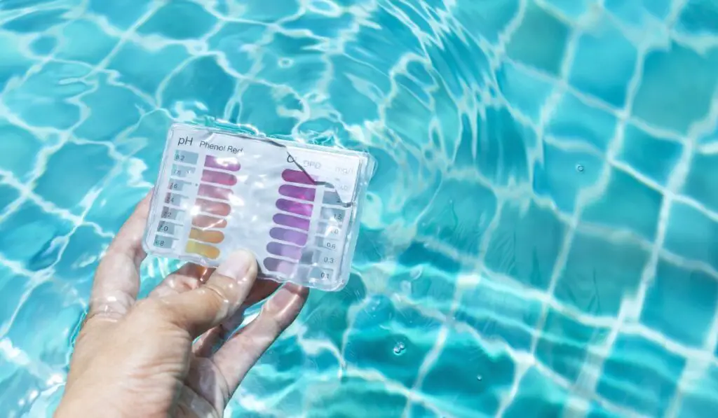 Swimming pool check kit in girl hand dipping in clear water 