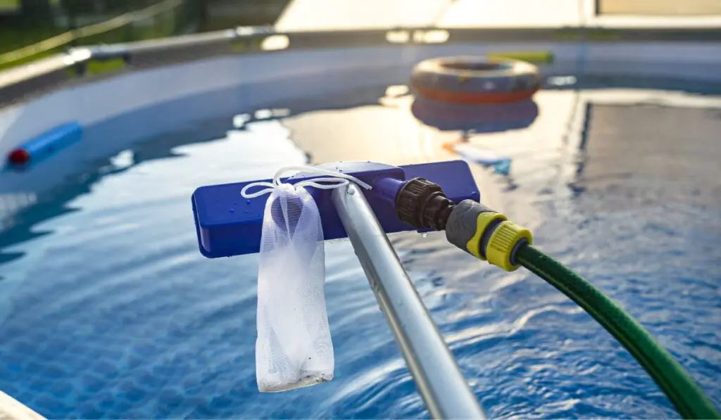Cleaning the home pool in the garden with a brush
