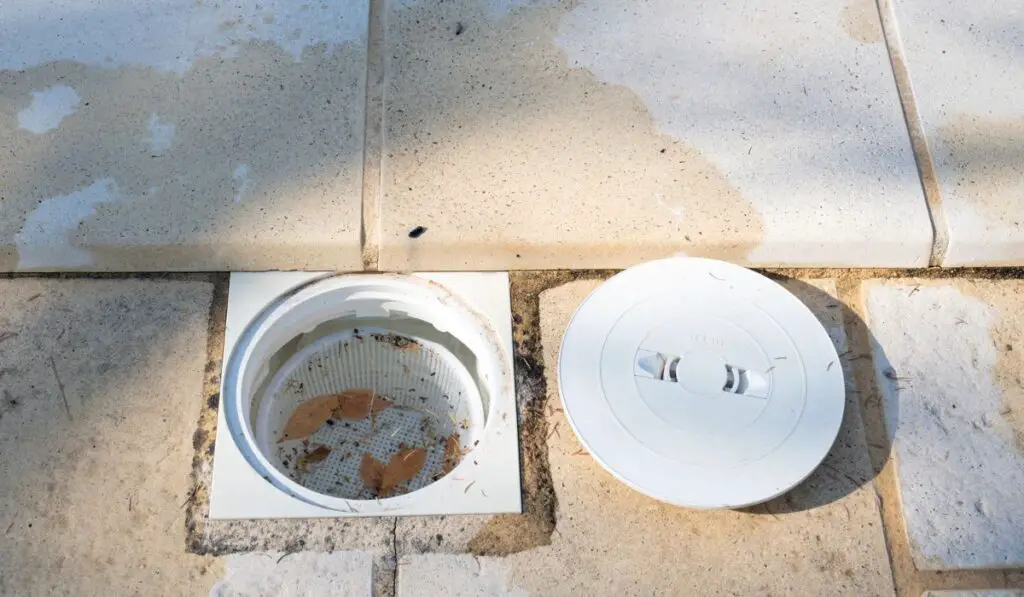 A pool skimmer basket with the lid off