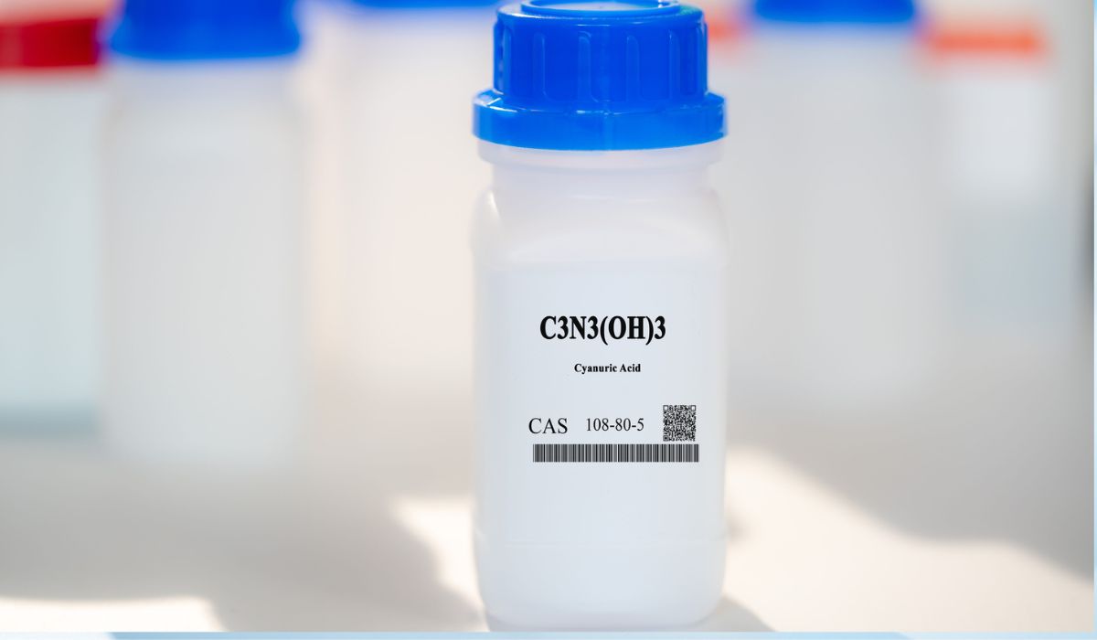 C3N3OH3 cyanuric acid CAS 108-80-5 chemical substance in white plastic laboratory packaging