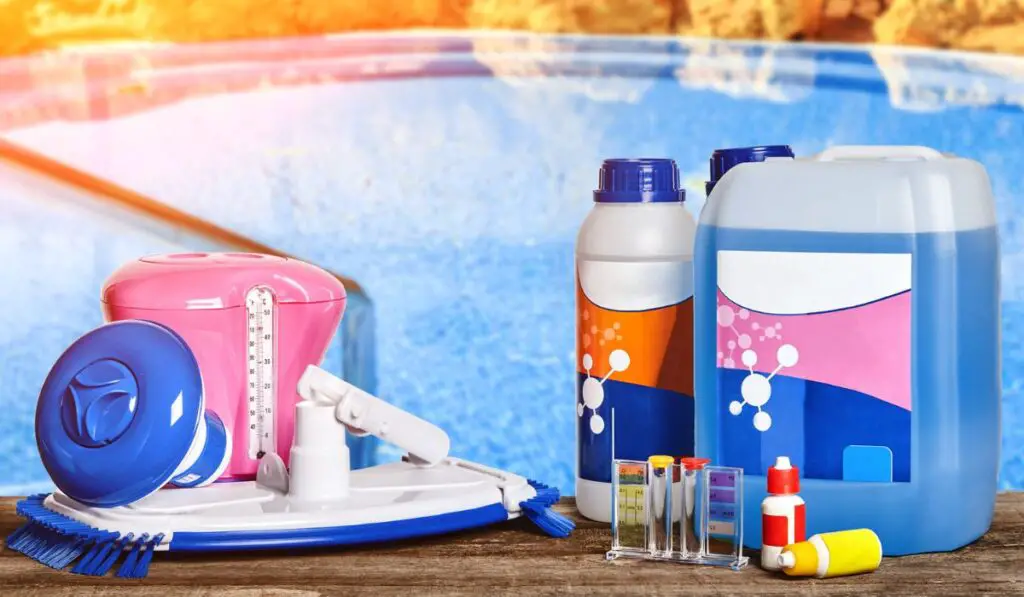 Equipment with chemical cleaning products and tools for the maintenance of the swimming pool