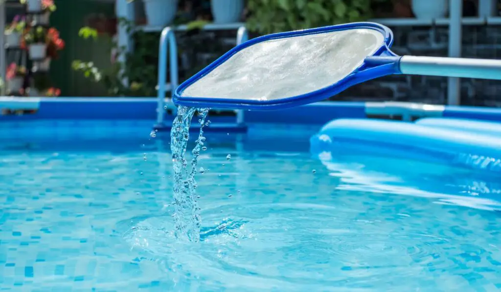 Swimming pool cleaning net with water droplets in the background of clear blue water